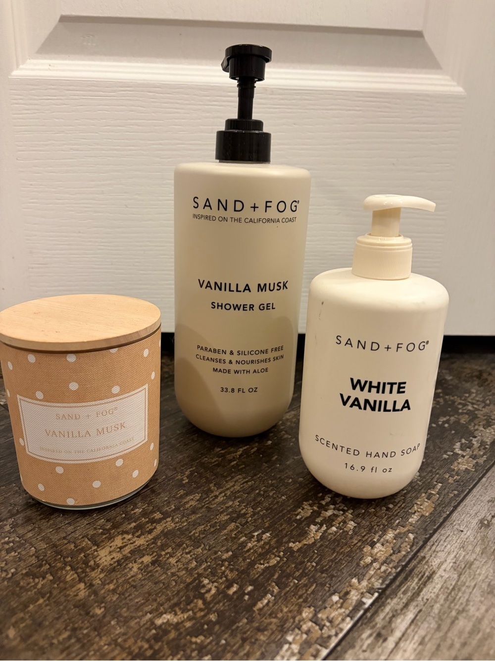 Sand + Fog  White Vanilla Hand Soap, Vanilla Mush Candle and body wash